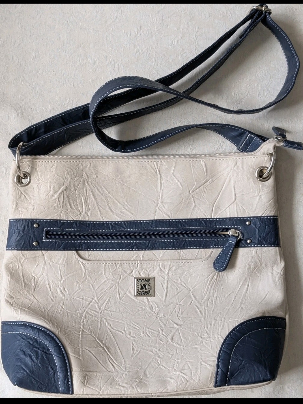 Stone & Co. Ivory Navy Shoulder Bag Adjustable Strap Zip Silver Hardware